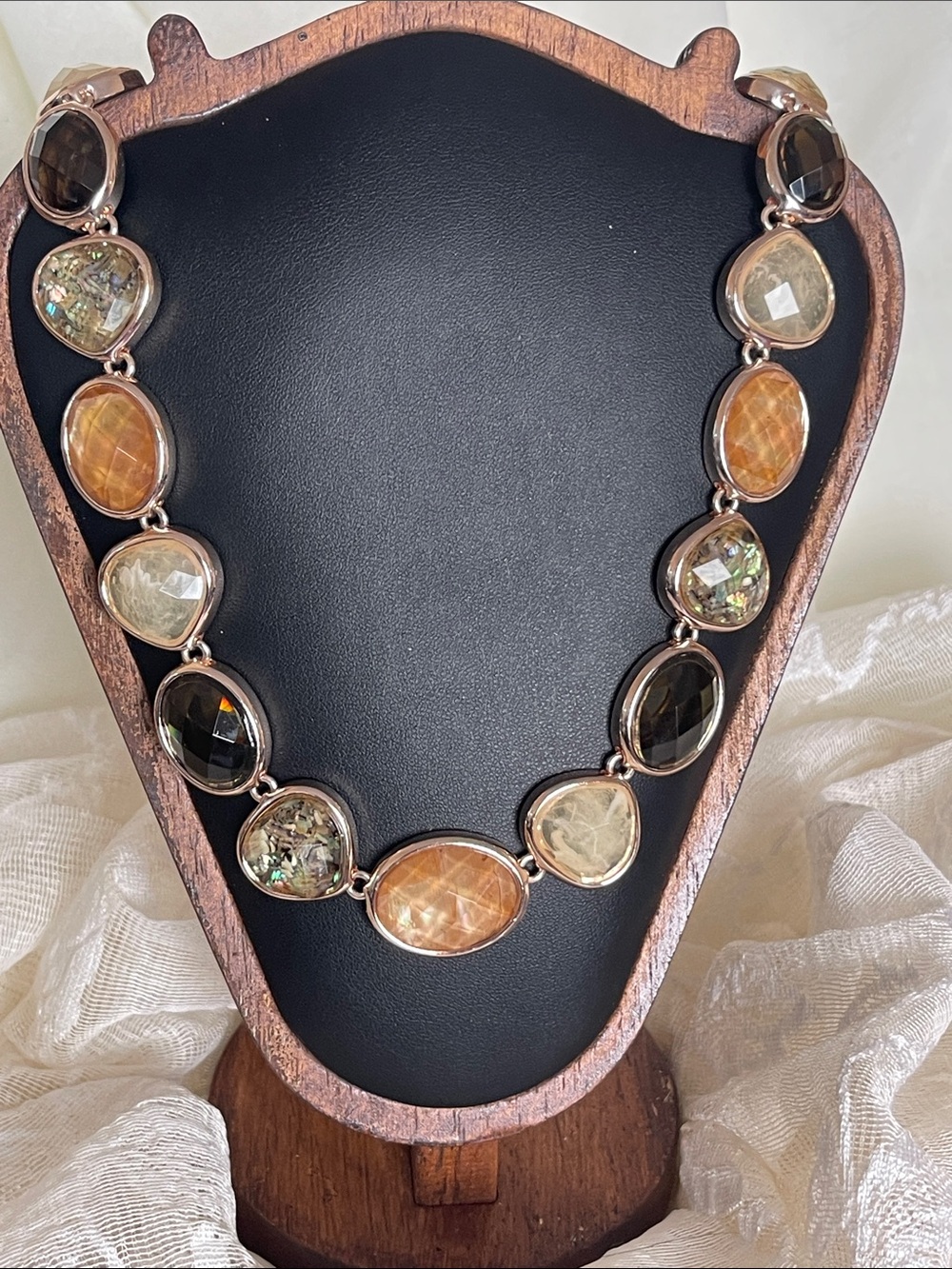 Anne Klein Rose Gold-Tone Necklace with Brown, Olive and Cream Stones